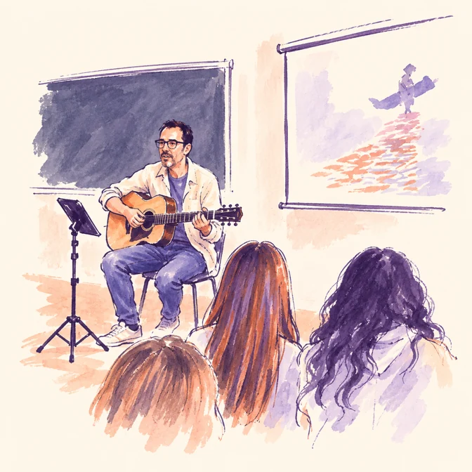 Ilustración del dossier: César toca la guitarra ante el alumnado en un aula.